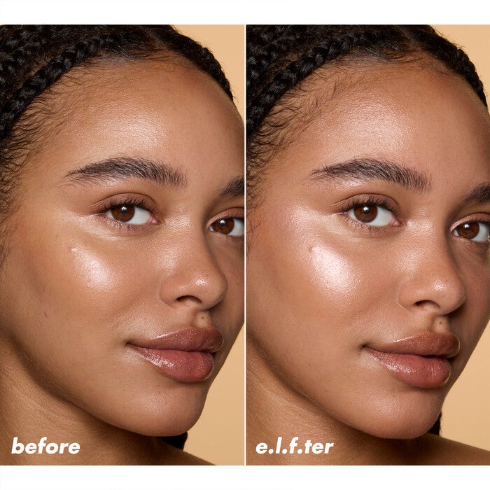 Before and After Applying e.l.f.'s Halo Glow Powder Highlighter in Blush Money